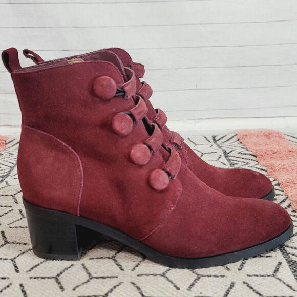 SUNDANCE BUTTONED UP CRANBERRY SUEDE BOOTIES, SZ 7/7.5 US-38/EU - Picture 1 of 16